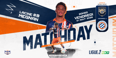 Vibrant Ligue 2 matchday poster featuring a footballer in a blue-orange kit, bold 'MATCHDAY' text, date 21 Aug 2026, and team logos on the right.