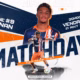 Vibrant Ligue 2 matchday poster featuring a footballer in a blue-orange kit, bold 'MATCHDAY' text, date 21 Aug 2026, and team logos on the right.