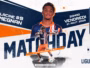 Vibrant Ligue 2 matchday poster featuring a footballer in a blue-orange kit, bold 'MATCHDAY' text, date 21 Aug 2026, and team logos on the right.