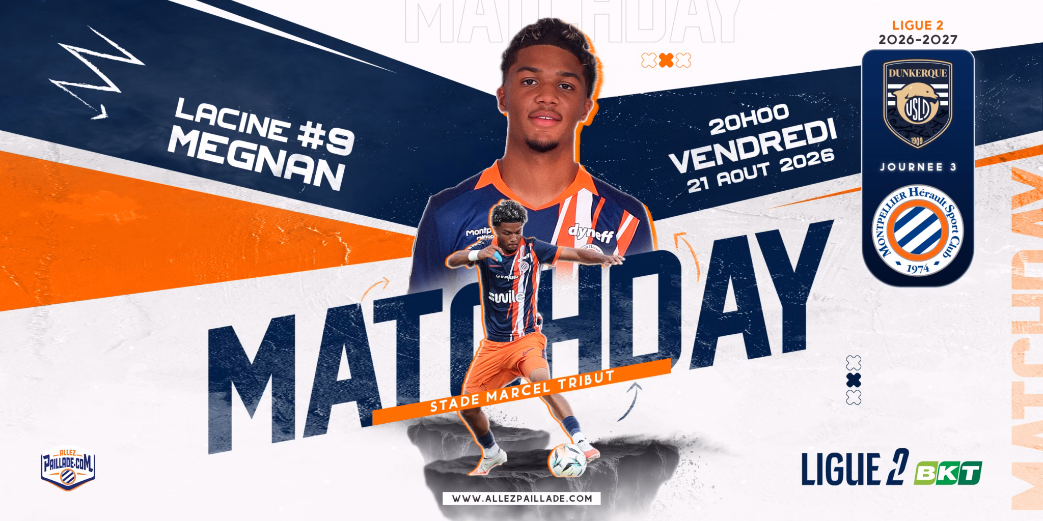Vibrant Ligue 2 matchday poster featuring a footballer in a blue-orange kit, bold 'MATCHDAY' text, date 21 Aug 2026, and team logos on the right.