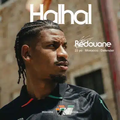 Portrait of a man with braided hair looking to the right on a city street; large 'Halal' text and branding overlay.
