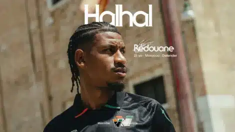 Portrait of a man with braided hair looking to the right on a city street; large 'Halal' text and branding overlay.