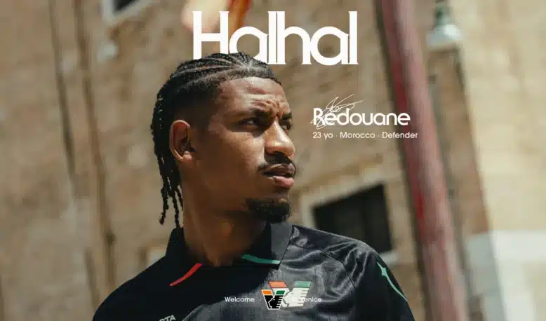 Portrait of a man with braided hair looking to the right on a city street; large 'Halal' text and branding overlay.