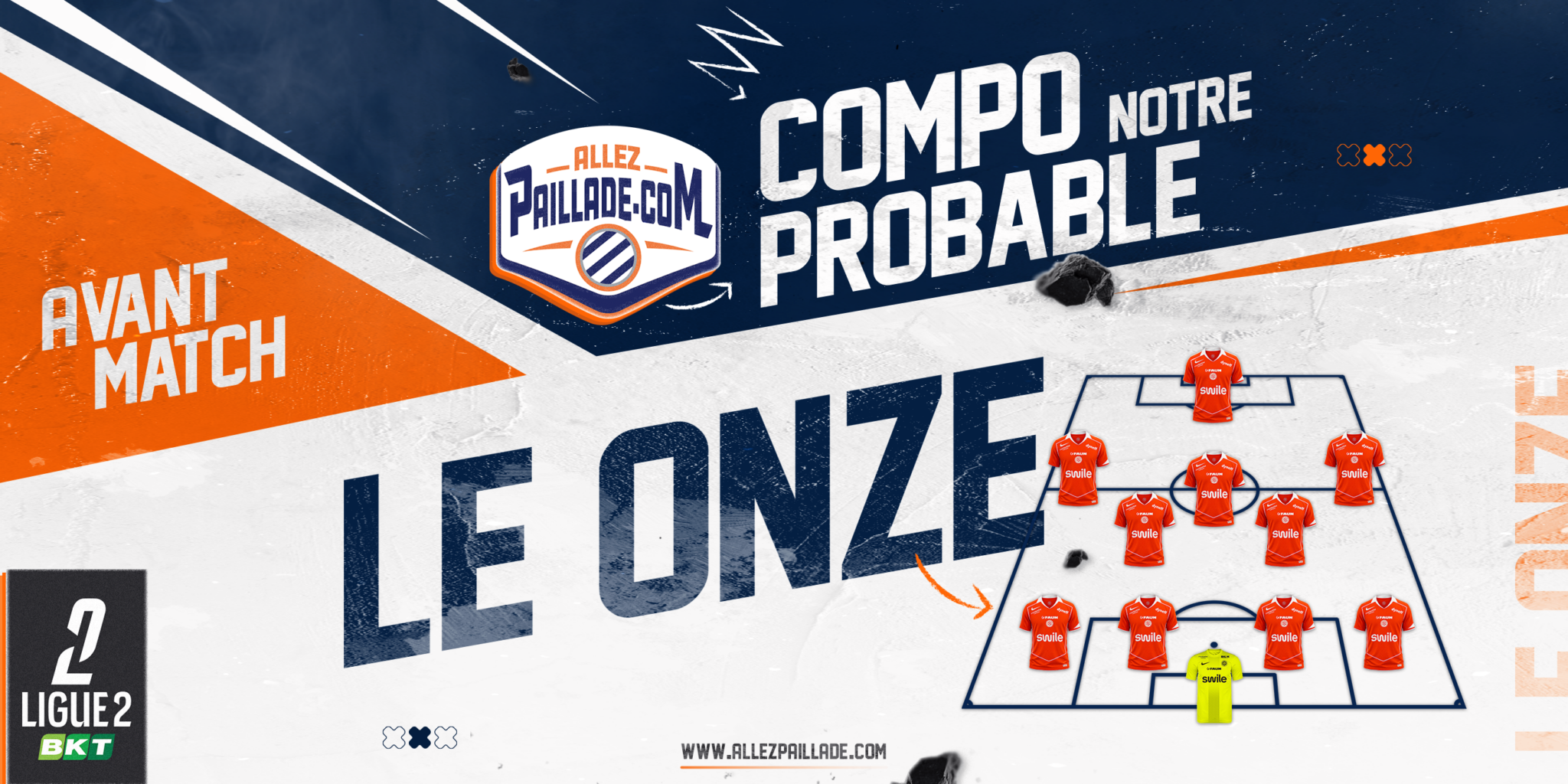 Promotional banner announcing an upcoming match with the word 'AVANT MATCH' and a football lineup on a tactics board in orange and blue.