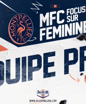 feminines-equipe-pro-mfc | AllezPaillade.com Promotional banner for women's football featuring a female player in a blue kit, bold diagonal text, and team crests.