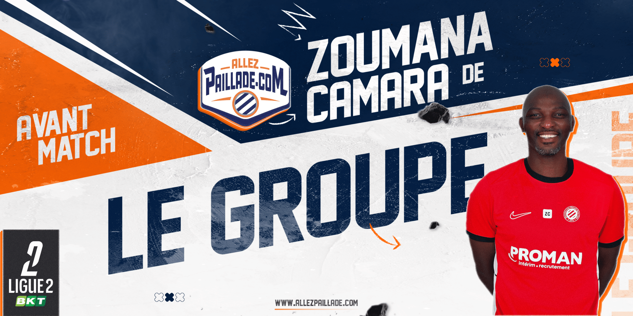Promotional football banner featuring a man in a red jersey on the right, with 'Avant Match' and 'Le Groupe' graphics and the site URL.