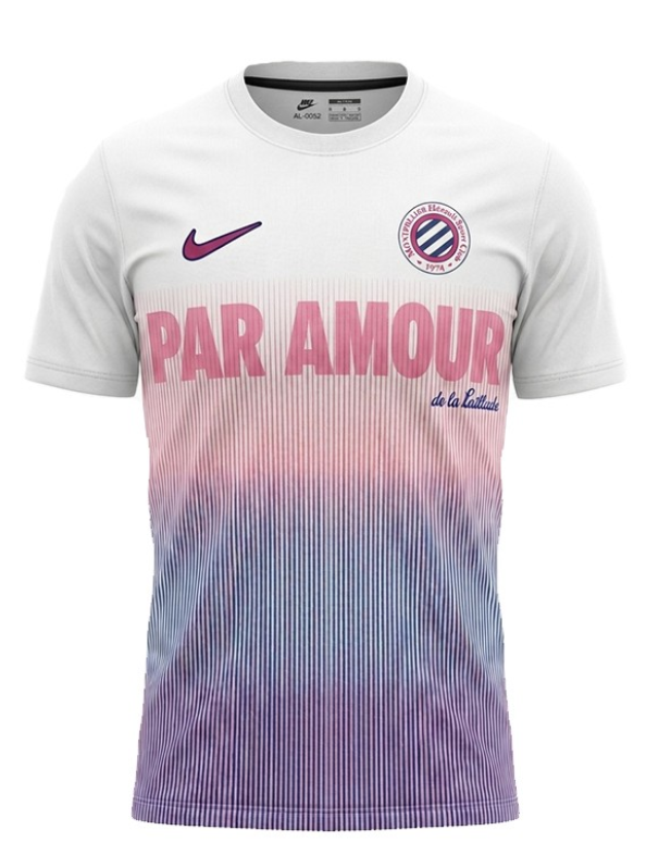 image | AllezPaillade.com White soccer jersey with pink-to-purple gradient and bold PAR AMOUR text across chest; Nike swoosh on left, club crest on right.