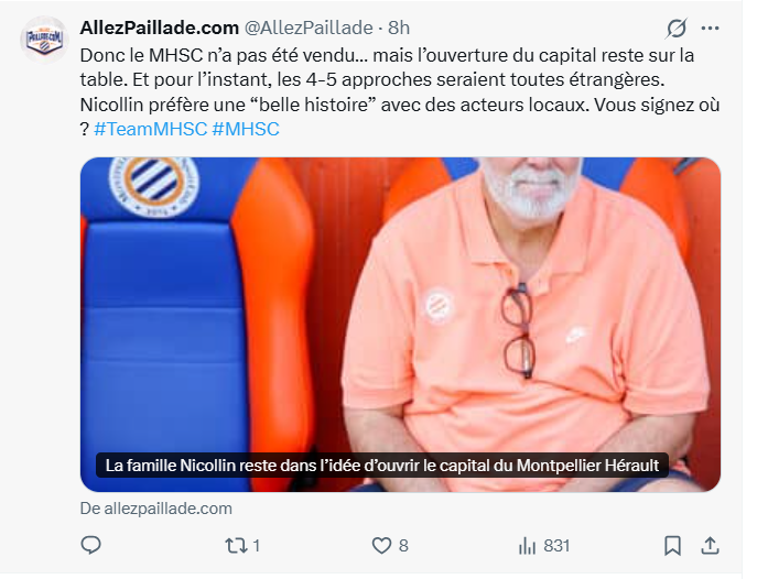 image | AllezPaillade.com Homme âgé en polo orange avec lunettes accrochées au torse, assis sur un banc bleu/orangé; légende indiquant l’ouverture du capital du MHSC par la famille Nicollin.