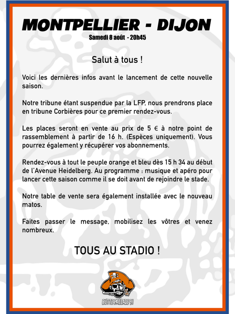 Poster annon&ccedil;ant le match Montpellier vs Dijon le 8 ao&ucirc;t &agrave; 20h45, avec texte d&rsquo;information et logo en bas.