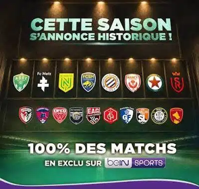 images 21 | AllezPaillade.com Promotional poster for Ligue 2 BKT announcing a historic season, displaying team crests and the line '100% des matchs en exclu sur beIN SPORTS' with date 'Dès le 8 août sur beIN SPORTS'