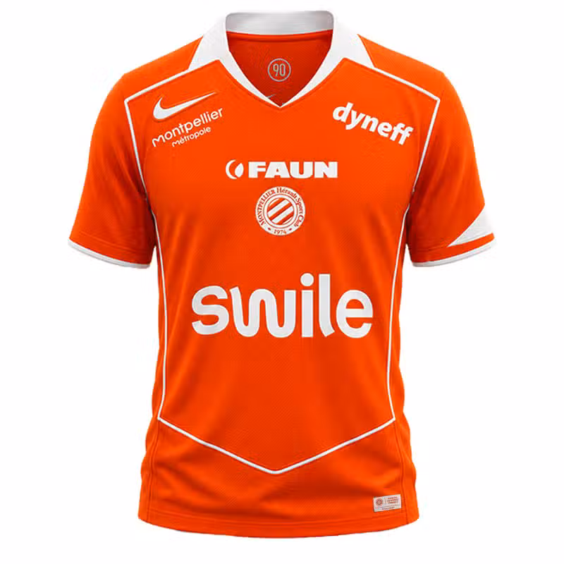 maillot-exterieur-20262027 | AllezPaillade.com Orange soccer jersey with white trim and a large Swile logo on the front, plus sponsor badges (Montpellier Métropole, Faun, dyneff).