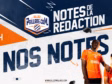 Promotional banner with four soccer players in orange jerseys, bold white text 'NOTES DE LA REDACTION' and club logo.