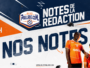 Promotional banner with four soccer players in orange jerseys, bold white text 'NOTES DE LA REDACTION' and club logo.