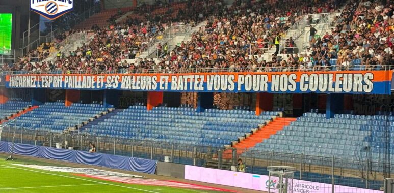 received_1293335940520206 | AllezPaillade.com Large crowd of spectators in a stadium stands, with colorful banners along the front and a team logo in the top left corner, indicating a game or event.