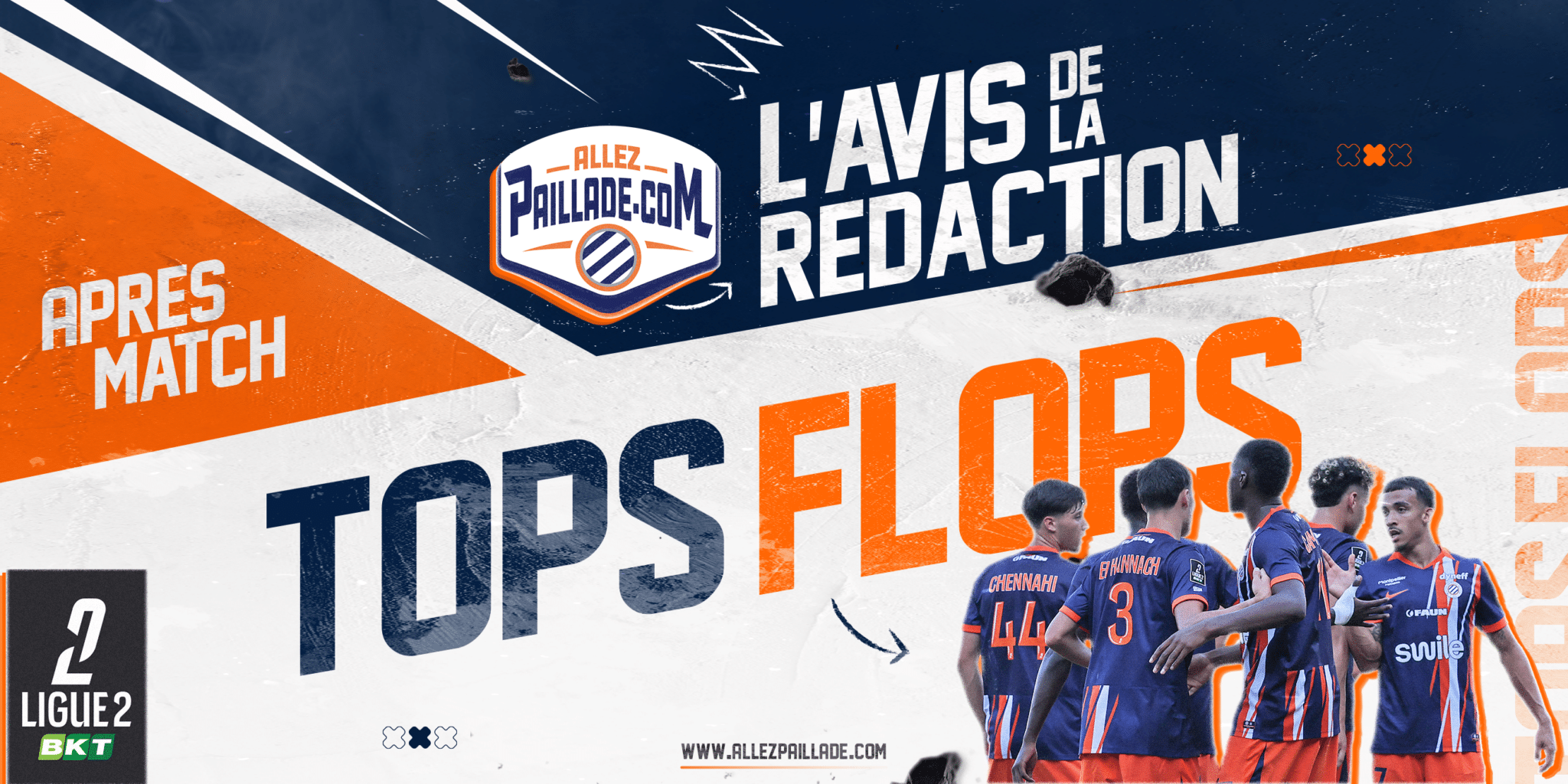 Promotional banner for a post‑match show with players in orange/blue uniforms and bold white text 'APRES MATCH' and 'L&rsquo;AVIS DE LA REACTION'.