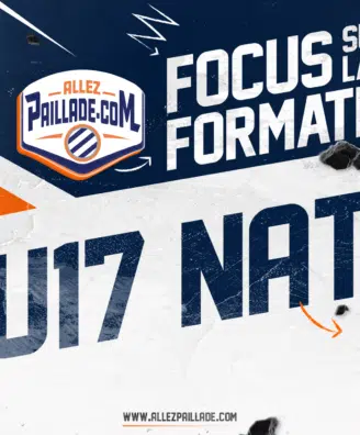 Promotional banner for Allez Paillade U17 national team training, showing a footballer in a white kit with bold &ldquo;FOCUS SUR LA FORMATION.&rdquo;