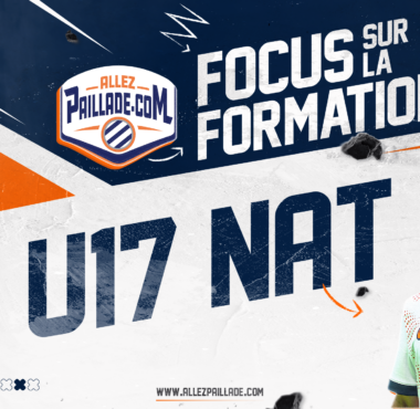 Promotional banner for Allez Paillade U17 national team training, showing a footballer in a white kit with bold &ldquo;FOCUS SUR LA FORMATION.&rdquo;