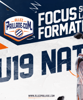 Promotional banner for U19 football training with three players in white uniforms and bold 'FOCUS SUR LA FORMATION' text.