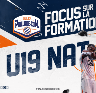 Promotional banner for U19 football training with three players in white uniforms and bold 'FOCUS SUR LA FORMATION' text.