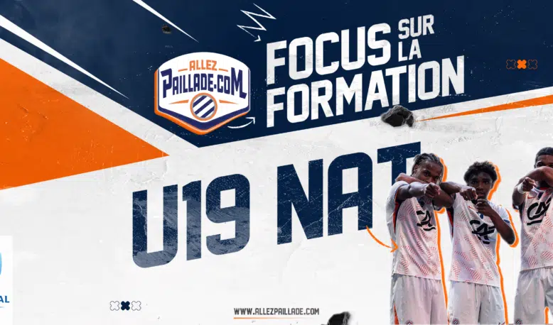 Promotional banner for U19 football training with three players in white uniforms and bold 'FOCUS SUR LA FORMATION' text.