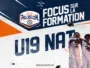 Promotional banner for U19 football training with three players in white uniforms and bold 'FOCUS SUR LA FORMATION' text.