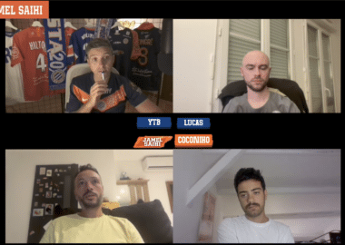 Six-person video-call layout with guests visible in a split-screen grid; header reads 'INVIT&Eacute; : JAMEL SAIHI' and a microphone sticker appears on the right, set on a black background.