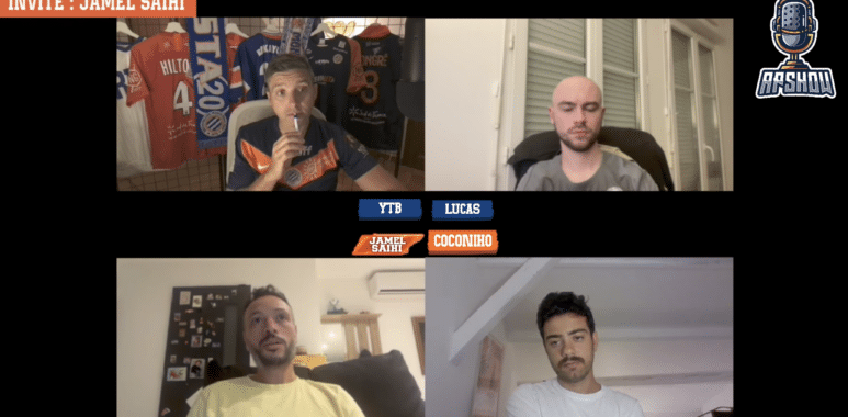 Six-person video-call layout with guests visible in a split-screen grid; header reads 'INVIT&Eacute; : JAMEL SAIHI' and a microphone sticker appears on the right, set on a black background.