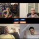 Six-person video-call layout with guests visible in a split-screen grid; header reads 'INVIT&Eacute; : JAMEL SAIHI' and a microphone sticker appears on the right, set on a black background.