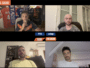 Six-person video-call layout with guests visible in a split-screen grid; header reads 'INVIT&Eacute; : JAMEL SAIHI' and a microphone sticker appears on the right, set on a black background.