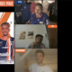 Broadcast collage: left poster 'Les Notes' with football notes, center video-call with a man in blue jersey, right black area with mic logo.