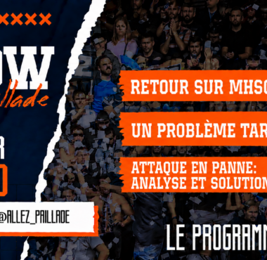 Promotional poster for a show with navy and orange torn-paper design and orange banners listing topics like 'Retour sur MHSC-Pau' and 'Un Probl&egrave;me tardieu ?'