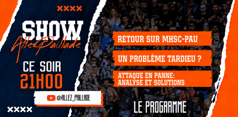 Promotional poster for a show with navy and orange torn-paper design and orange banners listing topics like 'Retour sur MHSC-Pau' and 'Un Probl&egrave;me tardieu ?'