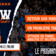 Promotional poster for a show with navy and orange torn-paper design and orange banners listing topics like 'Retour sur MHSC-Pau' and 'Un Probl&egrave;me tardieu ?'