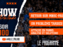 Promotional poster for a show with navy and orange torn-paper design and orange banners listing topics like 'Retour sur MHSC-Pau' and 'Un Probl&egrave;me tardieu ?'