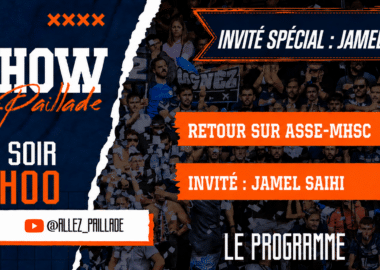 Promotional poster for a live show with bold white 'SHOW' text, orange accents and a crowd backdrop; announces special guest Jamel Saihi and timing.