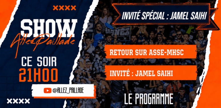Promotional poster for a live show with bold white 'SHOW' text, orange accents and a crowd backdrop; announces special guest Jamel Saihi and timing.