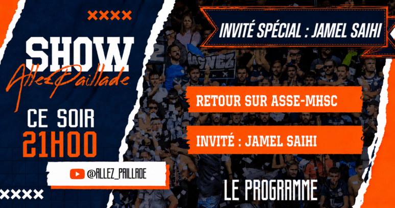 Promotional poster for a live show with bold white 'SHOW' text, orange accents and a crowd backdrop; announces special guest Jamel Saihi and timing.