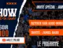 Promotional poster for a live show with bold white 'SHOW' text, orange accents and a crowd backdrop; announces special guest Jamel Saihi and timing.