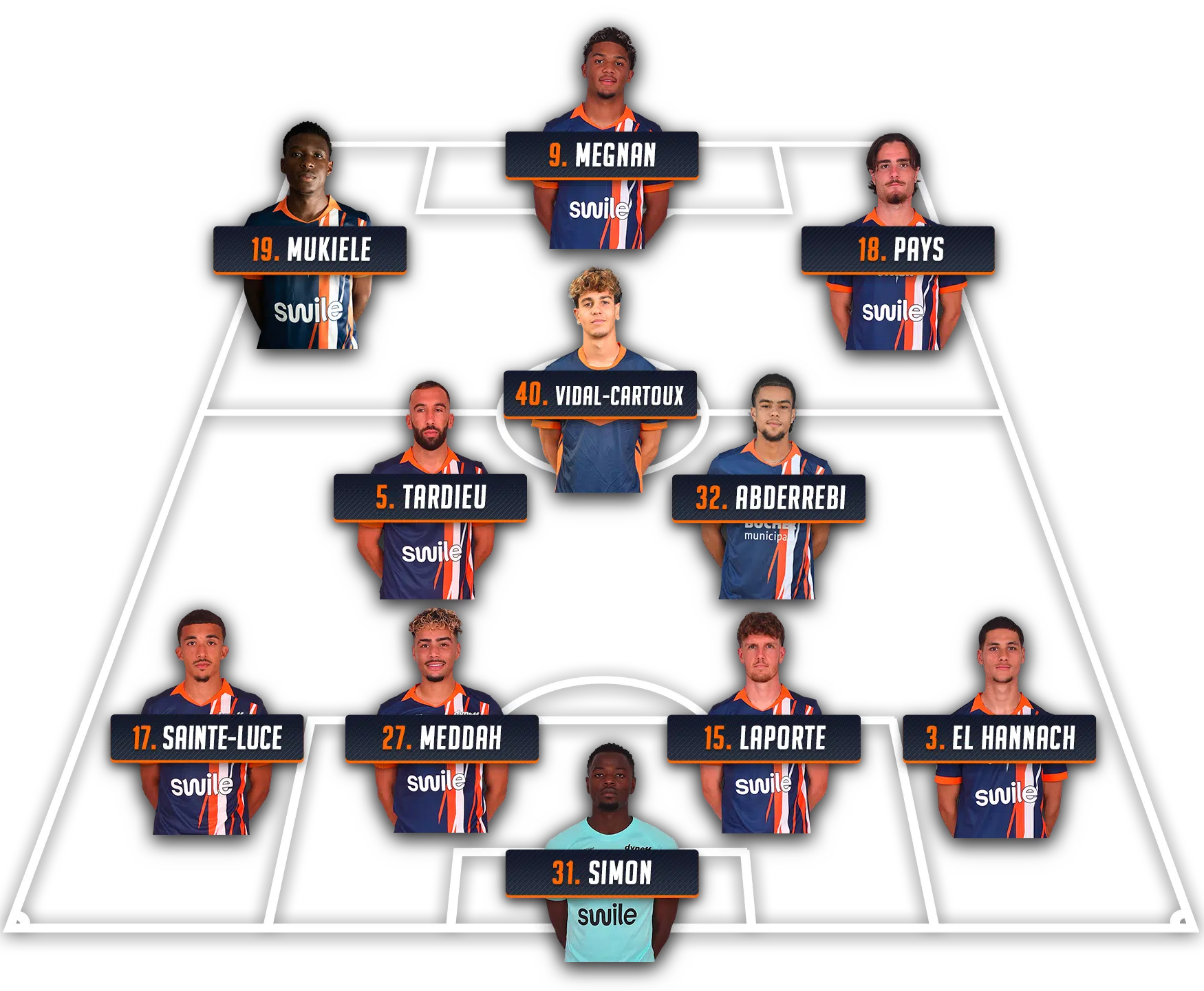 Team lineup graphic showing players with numbers and names on a stylized football pitch.