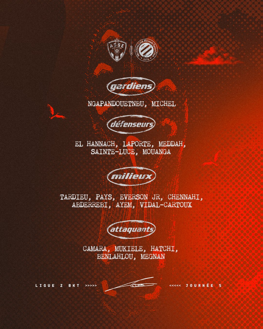 Red poster listing football squad positions (gardiens, d&eacute;fenseurs, milieux, attaquants) and cities, with sponsor logos on an orange gradient background.