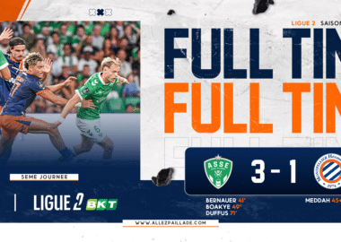 Soccer final score banner: large 'FULL TIME' with 3-1 score; AS Saint-&Eacute;tienne logo visible, action photo on the left, Ligue 2 branding.
