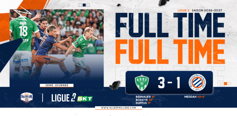 Soccer final score banner: large 'FULL TIME' with 3-1 score; AS Saint-&Eacute;tienne logo visible, action photo on the left, Ligue 2 branding.