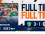 Soccer final score banner: large 'FULL TIME' with 3-1 score; AS Saint-&Eacute;tienne logo visible, action photo on the left, Ligue 2 branding.