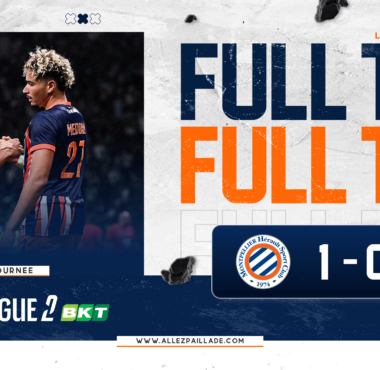 Soccer players fist-bumping after a match on the left, with bold blue and orange 'FULL TIME' graphic and a 1-0 score on the right; Ligue 2 2026-2027 branding in the background.