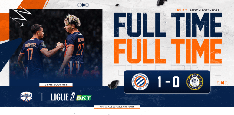 Soccer players fist-bumping after a match on the left, with bold blue and orange 'FULL TIME' graphic and a 1-0 score on the right; Ligue 2 2026-2027 branding in the background.