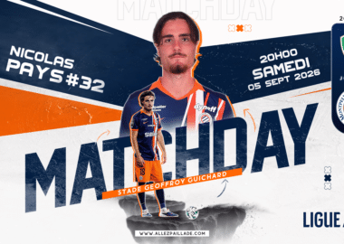 Promotional poster for a Ligue 2 match featuring a footballer in orange-blue kit, large 'MATCHDAY' text, and team crests on the right.