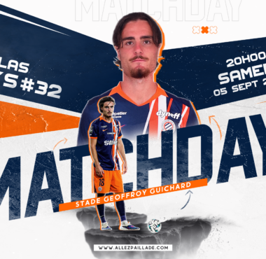 Promotional poster for a Ligue 2 match featuring a footballer in orange-blue kit, large 'MATCHDAY' text, and team crests on the right.