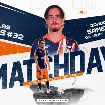 Promotional poster for a Ligue 2 match featuring a footballer in orange-blue kit, large 'MATCHDAY' text, and team crests on the right.