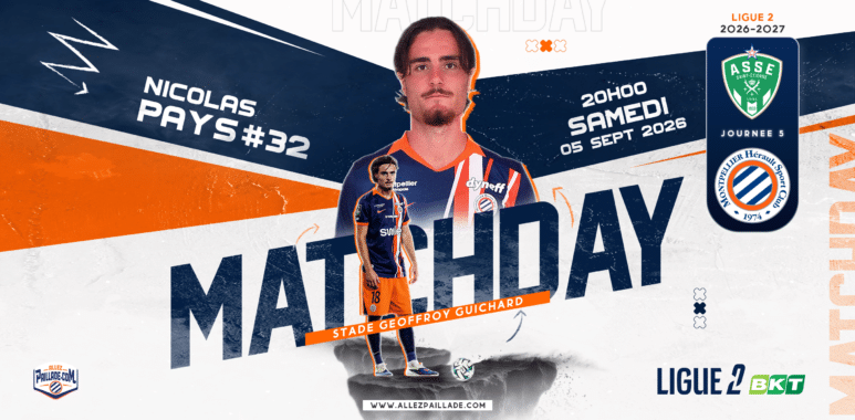 Promotional poster for a Ligue 2 match featuring a footballer in orange-blue kit, large 'MATCHDAY' text, and team crests on the right.