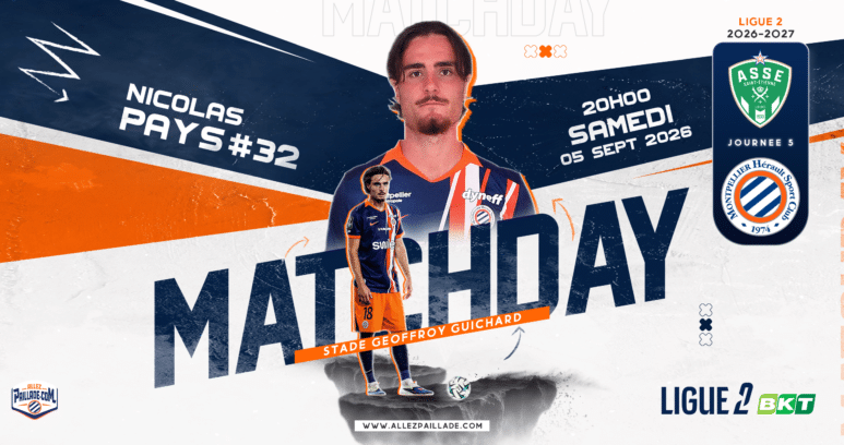 Promotional poster for a Ligue 2 match featuring a footballer in orange-blue kit, large 'MATCHDAY' text, and team crests on the right.